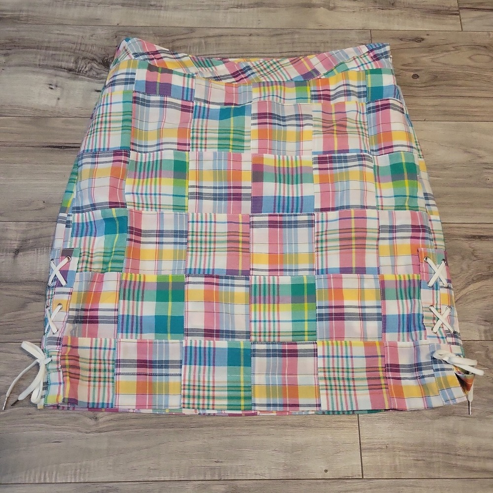 Talbots Sz 10P Madras Plaid Patchwork Cotton Lined Skirt Lace-Up Side Slit